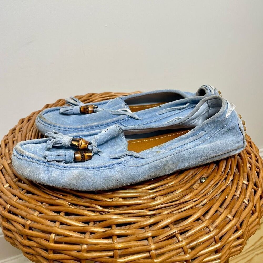 Gucci Moccasin Suede Driver Loafer Flats Slip On Light Blue Bamboo Tassel 7‎
